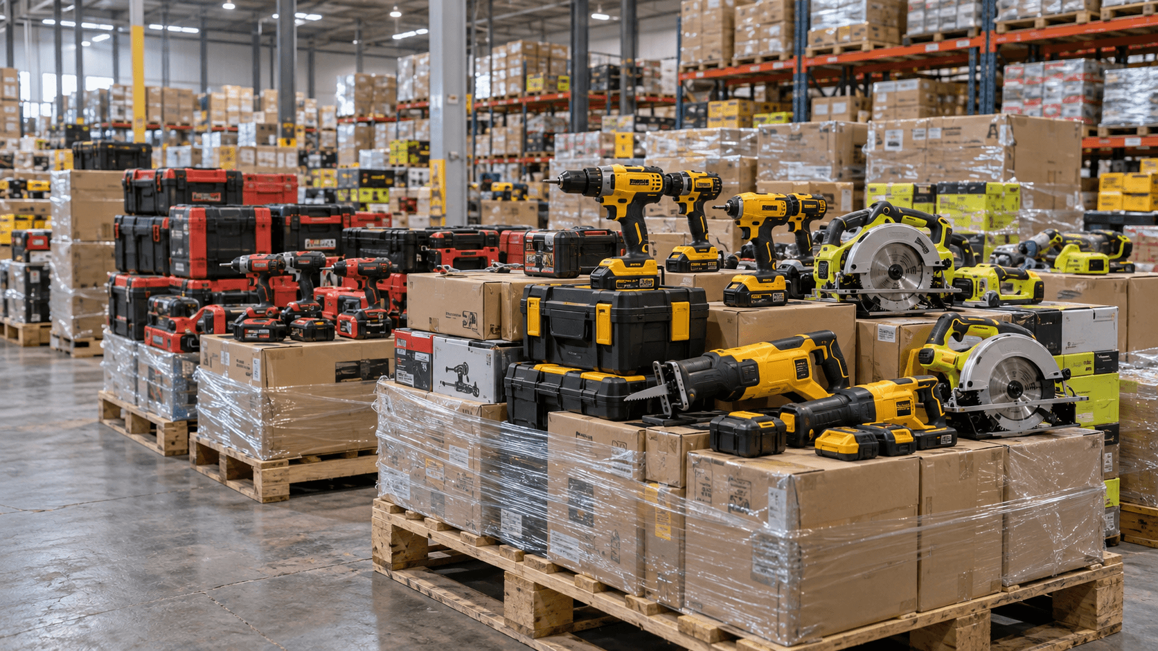 Concepto: pallets con cajas de herramientas en una bodega
